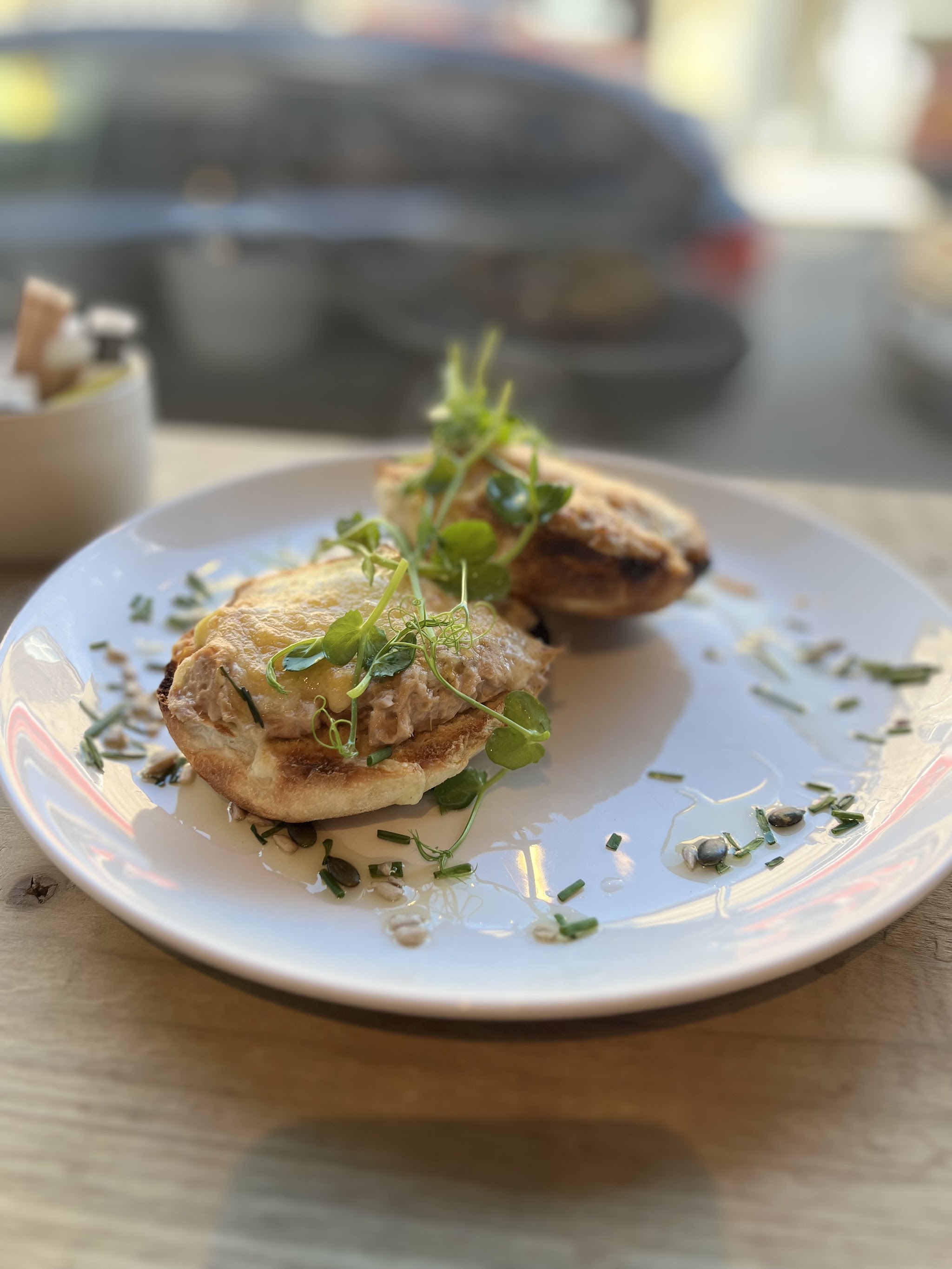 A freshly plated breakfast at Mondo by the café window